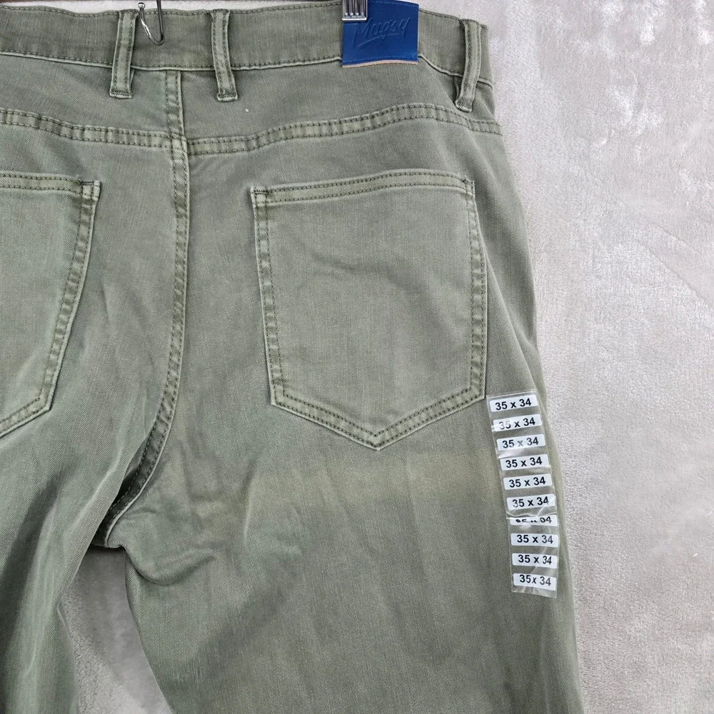 Mugsy Hydes Pants Mens 35x34 Olive Green FLX8NHG Stretch Chino Slim Straight**